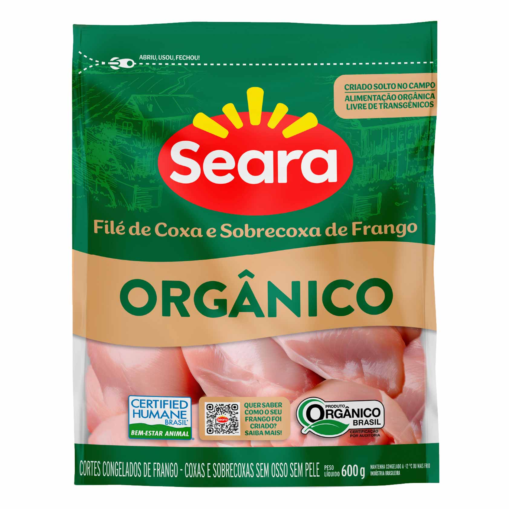 Filé de Coxa e Sobrecoxa de Frango Congelado Orgânico Seara 600g