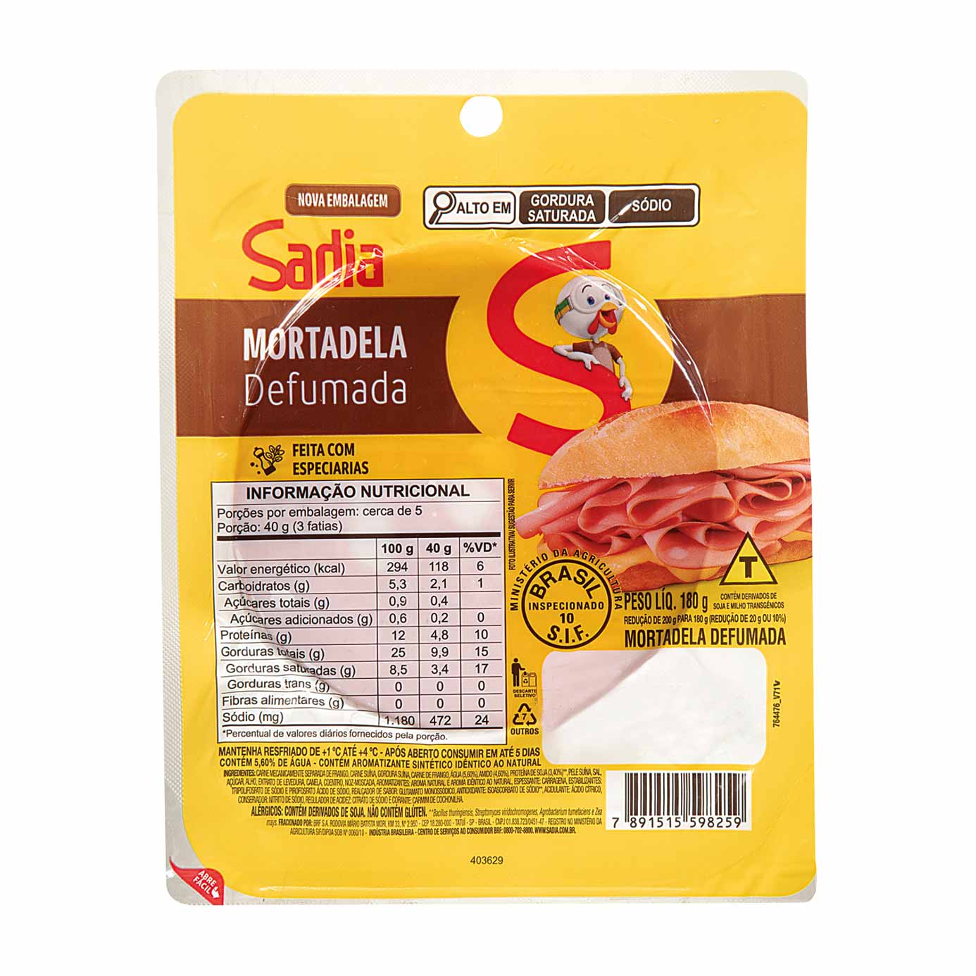 Mortadela Defumada Fatiada Sadia 180g