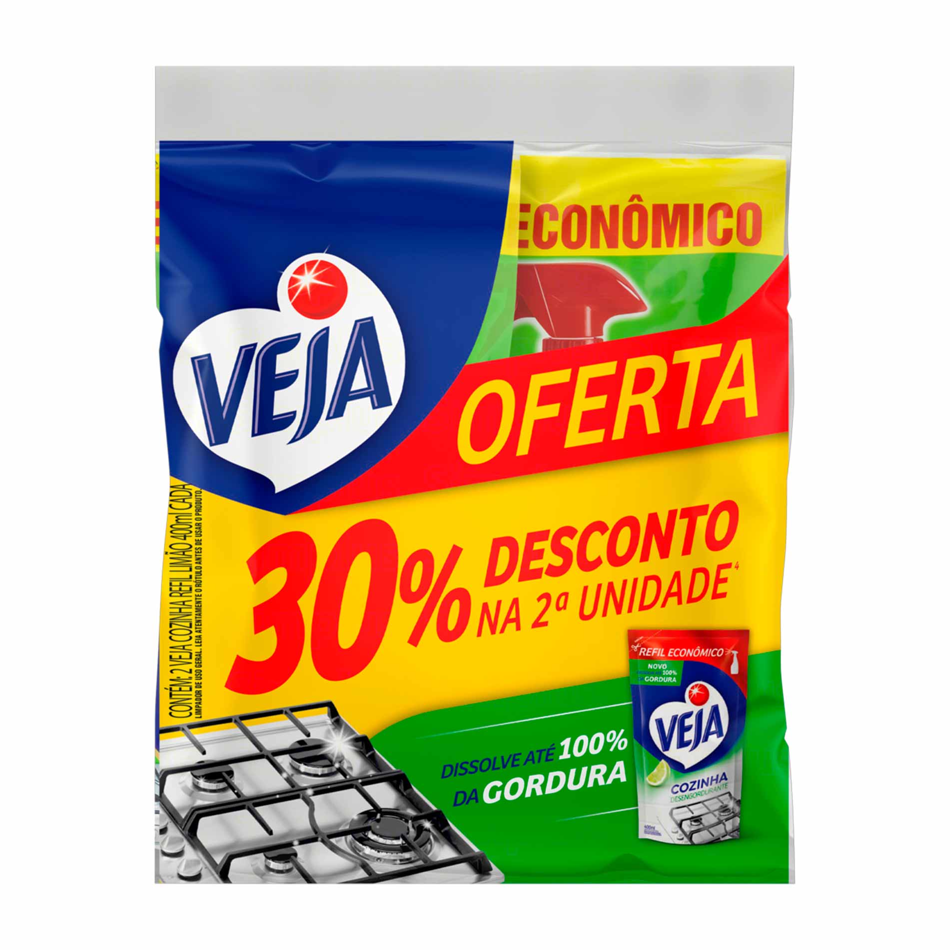 Conjunto com 2 Limpadores Veja Cozinha Desengordurante Limão Refil 400ml Embalagem Promocional