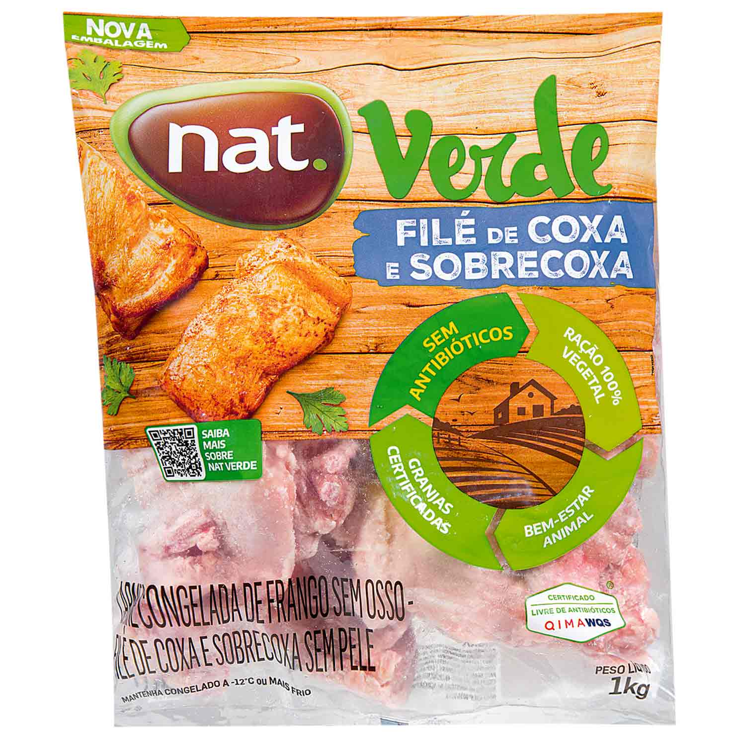 Filé de Coxa e Sobrecoxa de Frango sem Pele Congelado IQF Nat Verde 1kg