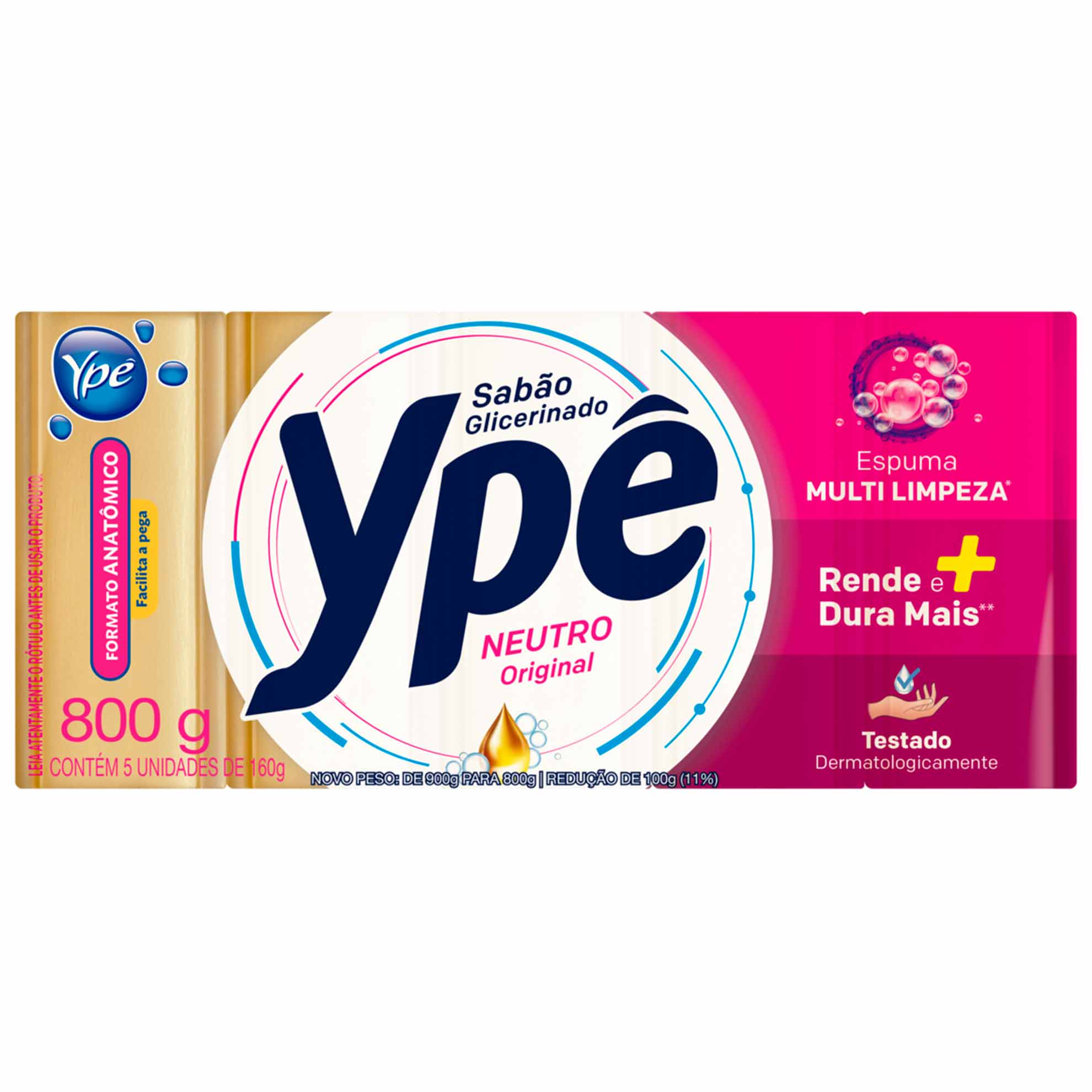 Sabão Glicerinado Neutro Original Ypê 800g 5 unidades