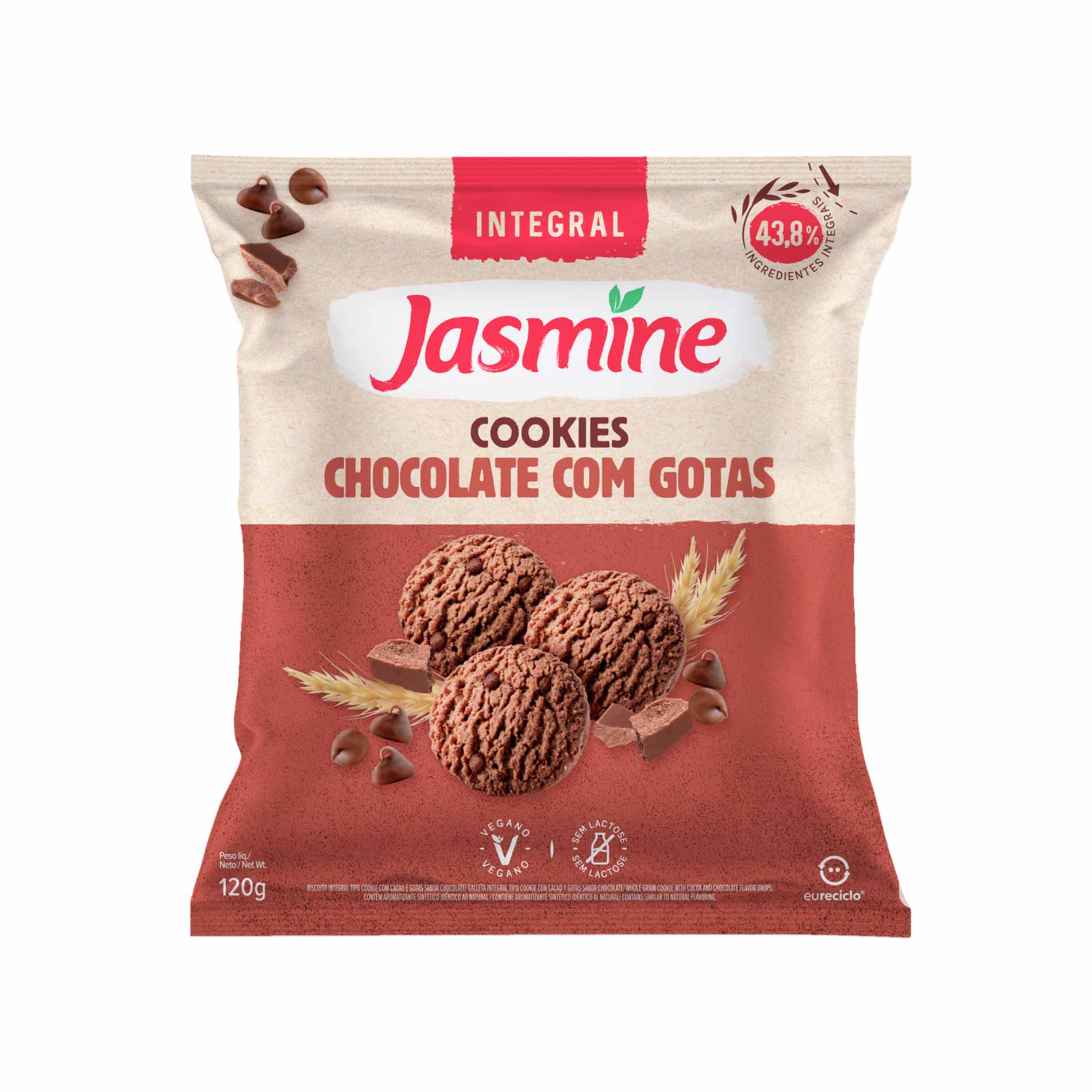 Cookies Integral de Chocolate com Gotas Vegano Jasmine 120g